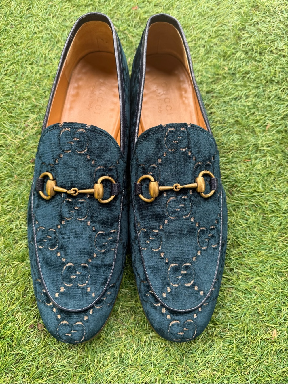 Gucci Dark Green Velvet Horsebit Loafers